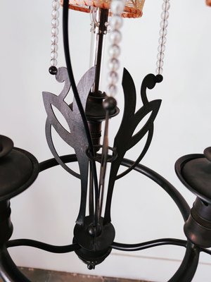 Vintage Wrought Iron Chandelier with Beaded Lampshades-QLH-819786