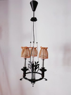 Vintage Wrought Iron Chandelier with Beaded Lampshades-QLH-819786