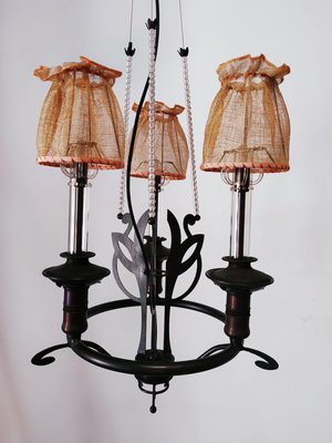 Vintage Wrought Iron Chandelier with Beaded Lampshades-QLH-819786