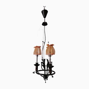 Vintage Wrought Iron Chandelier with Beaded Lampshades-QLH-819786