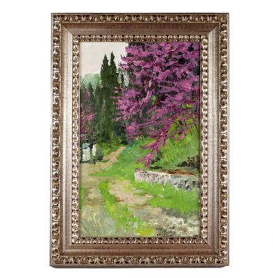 Vitaly Anatolyevich Polyakov, Crimea, Blooming Almonds, 20th-century, Oil on Cardboard, Framed-WMV-1128091