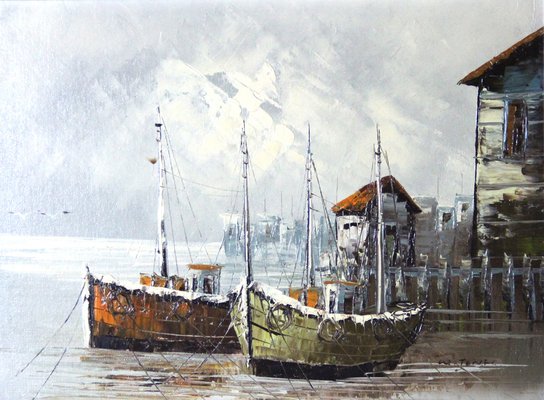 W. Jones, Winter in Port, 20th-Century, Oil on Plywood, Framed-ZYI-1338372