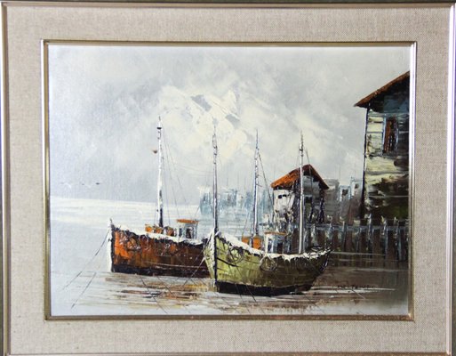 W. Jones, Winter in Port, 20th-Century, Oil on Plywood, Framed-ZYI-1338372