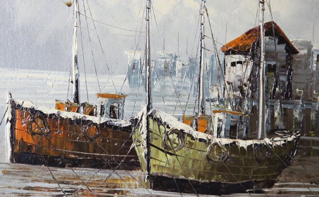 W. Jones, Winter in Port, 20th-Century, Oil on Plywood, Framed-ZYI-1338372