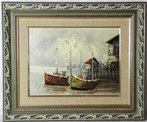 W. Jones, Winter in Port, 20th-Century, Oil on Plywood, Framed-ZYI-1338372