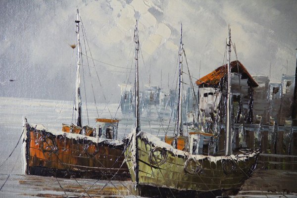 W. Jones, Winter in Port, 20th-Century, Oil on Plywood, Framed-ZYI-1338372