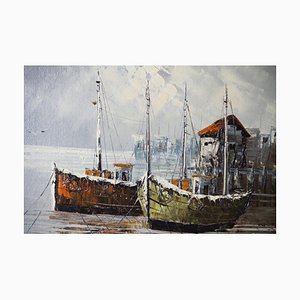 W. Jones, Winter in Port, 20th-Century, Oil on Plywood, Framed-ZYI-1338372