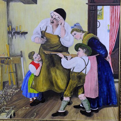 W. Melchinger, Bavarian Folksy Scene in Joinery, Oil on Cardboard-KJP-1149344