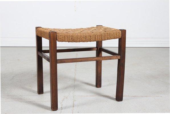 Wabi Sabi Stool in Dark Stained Wood with Plaited Cord, 1950s-QQ-1796485