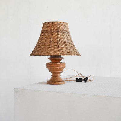 Wabi-Sabi Table Lamp in Turned and Carved Wood with Rattan Shade, 1920s-LPQ-1799946