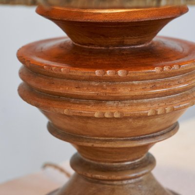 Wabi-Sabi Table Lamp in Turned and Carved Wood with Rattan Shade, 1920s-LPQ-1799946