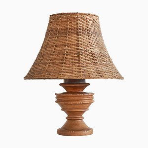 Wabi-Sabi Table Lamp in Turned and Carved Wood with Rattan Shade, 1920s-LPQ-1799946