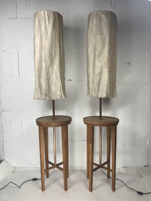 Wabi Sabi Teak and Copper Floor Lamps with Silk Shades attributed to Jan Des Bouvrie, Dutch, 1990s, Set of 2-BHG-1741686