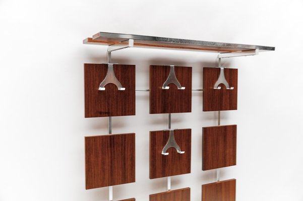 Wall Coat Rack in Walnut with Chrome Hooks, 1960s-KQB-1725163