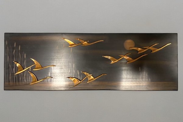 Wall Decoration in Metal & Copper with Birds, 1970s-PYR-2036253