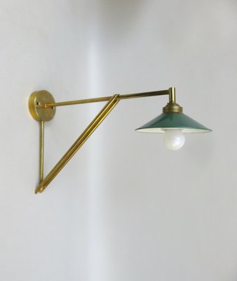 Wall Lamp in Brass & Green Enamel, 1920s-EY-1725671