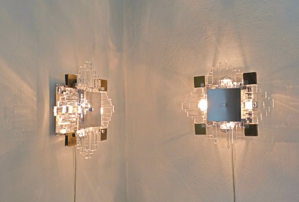 Wall Lamps in Chromed Metal and Glass by Gaetano Sciolari, 1970s, Set of 2-ZST-1786968