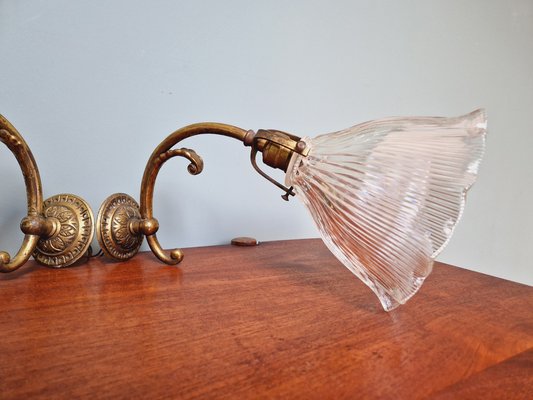 Wall Lights in Gilded Bronze and Grooved Glass from Holophane, 1920s, Set of 2-FAX-1733863