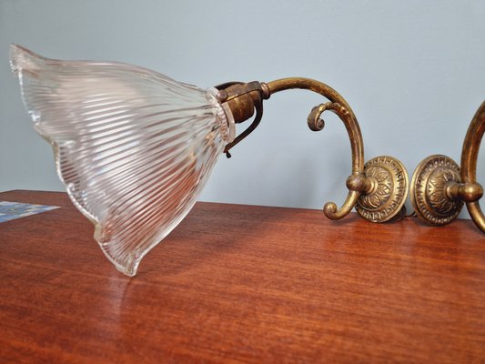 Wall Lights in Gilded Bronze and Grooved Glass from Holophane, 1920s, Set of 2-FAX-1733863