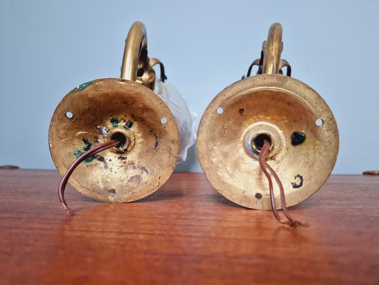 Wall Lights in Gilded Bronze and Grooved Glass from Holophane, 1920s, Set of 2-FAX-1733863