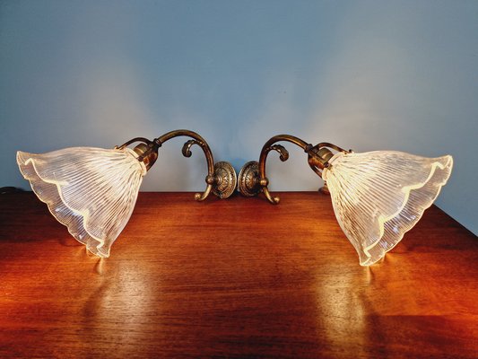 Wall Lights in Gilded Bronze and Grooved Glass from Holophane, 1920s, Set of 2-FAX-1733863