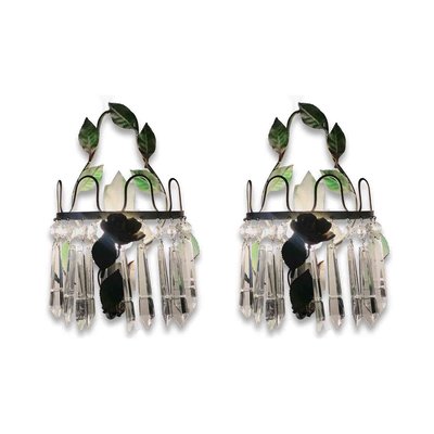 Wall Lights in Green Lacquered Iron and Crystals, 1970s, Set of 2-TBU-1966403