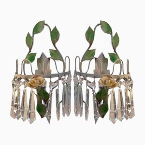 Wall Lights in Green Lacquered Iron and Crystals, 1970s, Set of 2-TBU-1966403