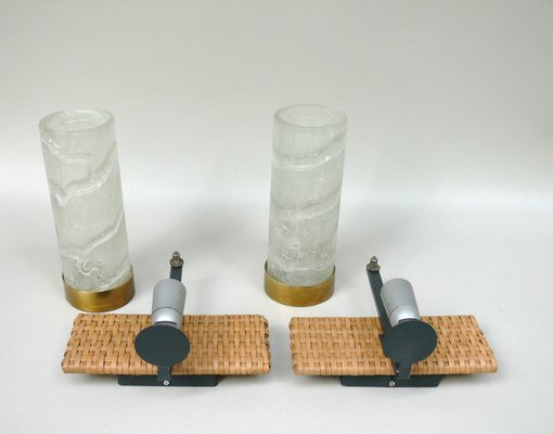 Wall Lights in Ice Glass, Rattan & Brass from Doria Leuchten, 1960s, Set of 2-EY-1750140