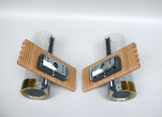 Wall Lights in Ice Glass, Rattan & Brass from Doria Leuchten, 1960s, Set of 2-EY-1750140