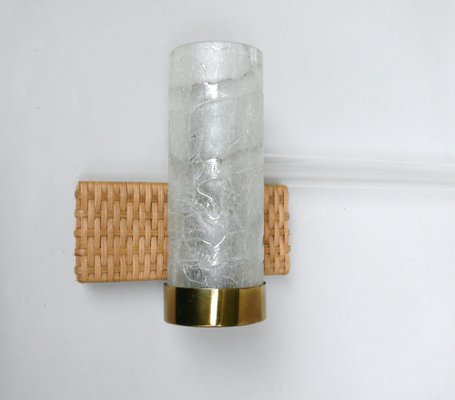 Wall Lights in Ice Glass, Rattan & Brass from Doria Leuchten, 1960s, Set of 2-EY-1750140