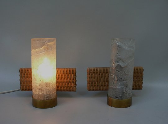 Wall Lights in Ice Glass, Rattan & Brass from Doria Leuchten, 1960s, Set of 2-EY-1750140