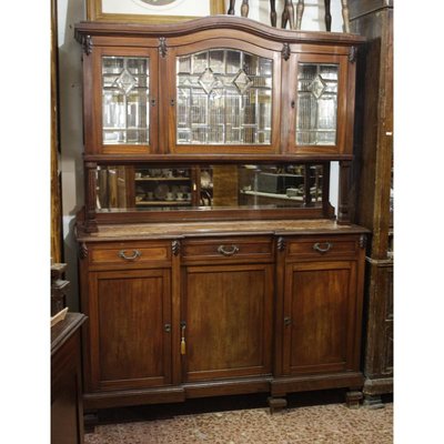 Walnut Cupboard with Beveled Glass and Marble Top-RAQ-699879