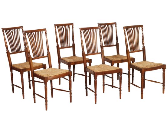 Walnut Dining Chairs with Straw Seats from Lavaggi, 1950s, Set of 6-NJV-748875