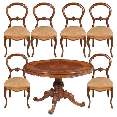 Walnut Dining Table & Chairs Set, 1940s, Set of 7-NJV-585387