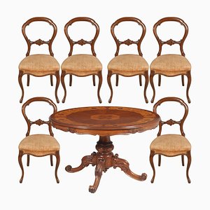 Walnut Dining Table & Chairs Set, 1940s, Set of 7-NJV-585387