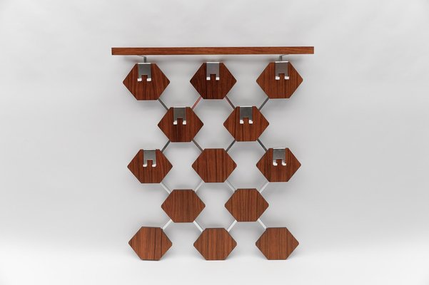 Walnut Honeycombs Wall Coat Rack with Chrome Hooks, 1960s-KQB-1724708