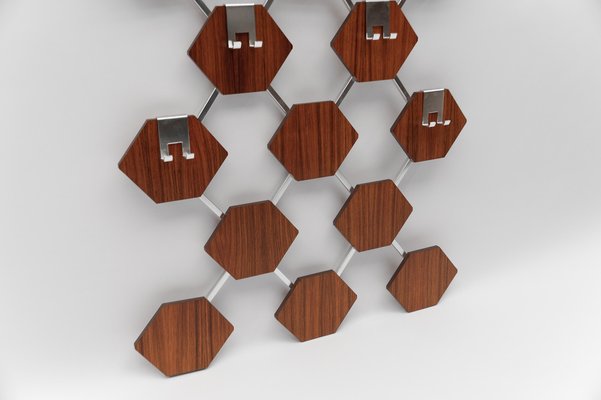 Walnut Honeycombs Wall Coat Rack with Chrome Hooks, 1960s-KQB-1724708