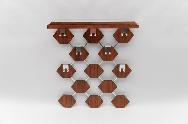 Walnut Honeycombs Wall Coat Rack with Chrome Hooks, 1960s-KQB-1724708