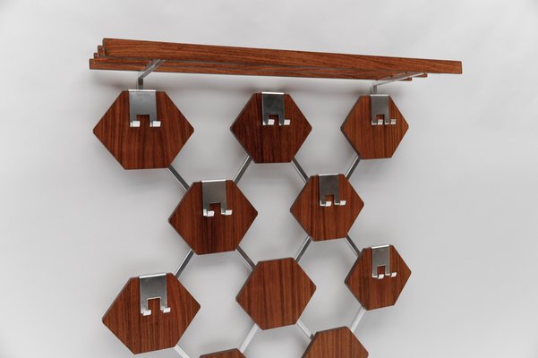 Walnut Honeycombs Wall Coat Rack with Chrome Hooks, 1960s-KQB-1724708