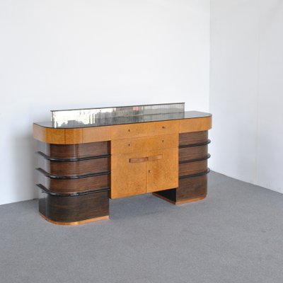 Walnut Root Wood with Colored Glass Top Cabinet, 1940s-JQO-1118550