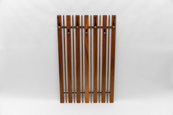 Walnut Slats Wall Coat Rack with Black Hooks, 1960s-KQB-1723610