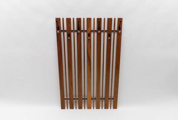 Walnut Slats Wall Coat Rack with Black Hooks, 1960s-KQB-1723610