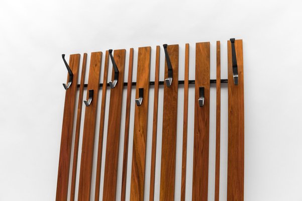 Walnut Slats Wall Coat Rack with Black Hooks, 1960s-KQB-1723610