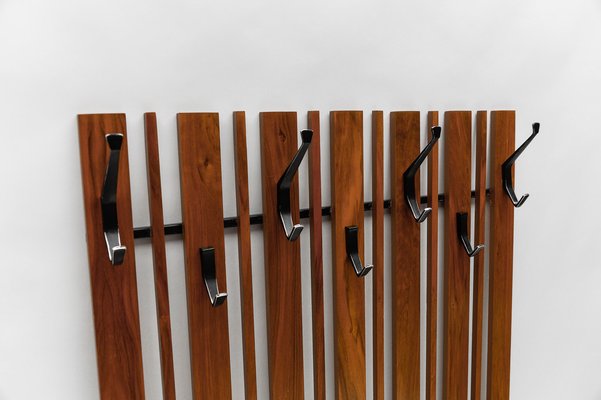 Walnut Slats Wall Coat Rack with Black Hooks, 1960s-KQB-1723610