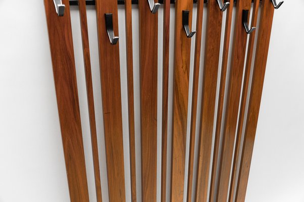 Walnut Slats Wall Coat Rack with Black Hooks, 1960s-KQB-1723610