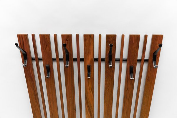 Walnut Slats Wall Coat Rack with Black Hooks, 1960s-KQB-1723610