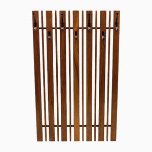 Walnut Slats Wall Coat Rack with Black Hooks, 1960s-KQB-1723610