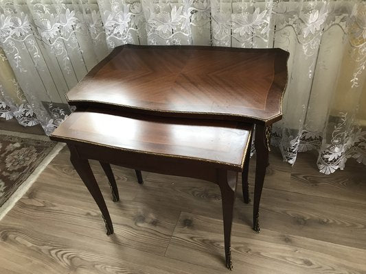 Walnut Tables with Brass Applications, 1970s, Set of 2-WQQ-1716426