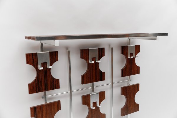 Walnut Wall Coat Rack with Chromed Hooks and Matching Umbrella Stand, 1970s, Set of 2-KQB-1724067