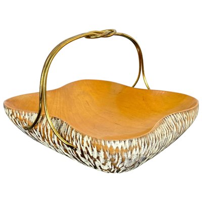 Walnut Wood & Brass Bowl Basket Centrepiece by Aldo Tura for Macabo, Italy, 1950s-LYQ-1171587